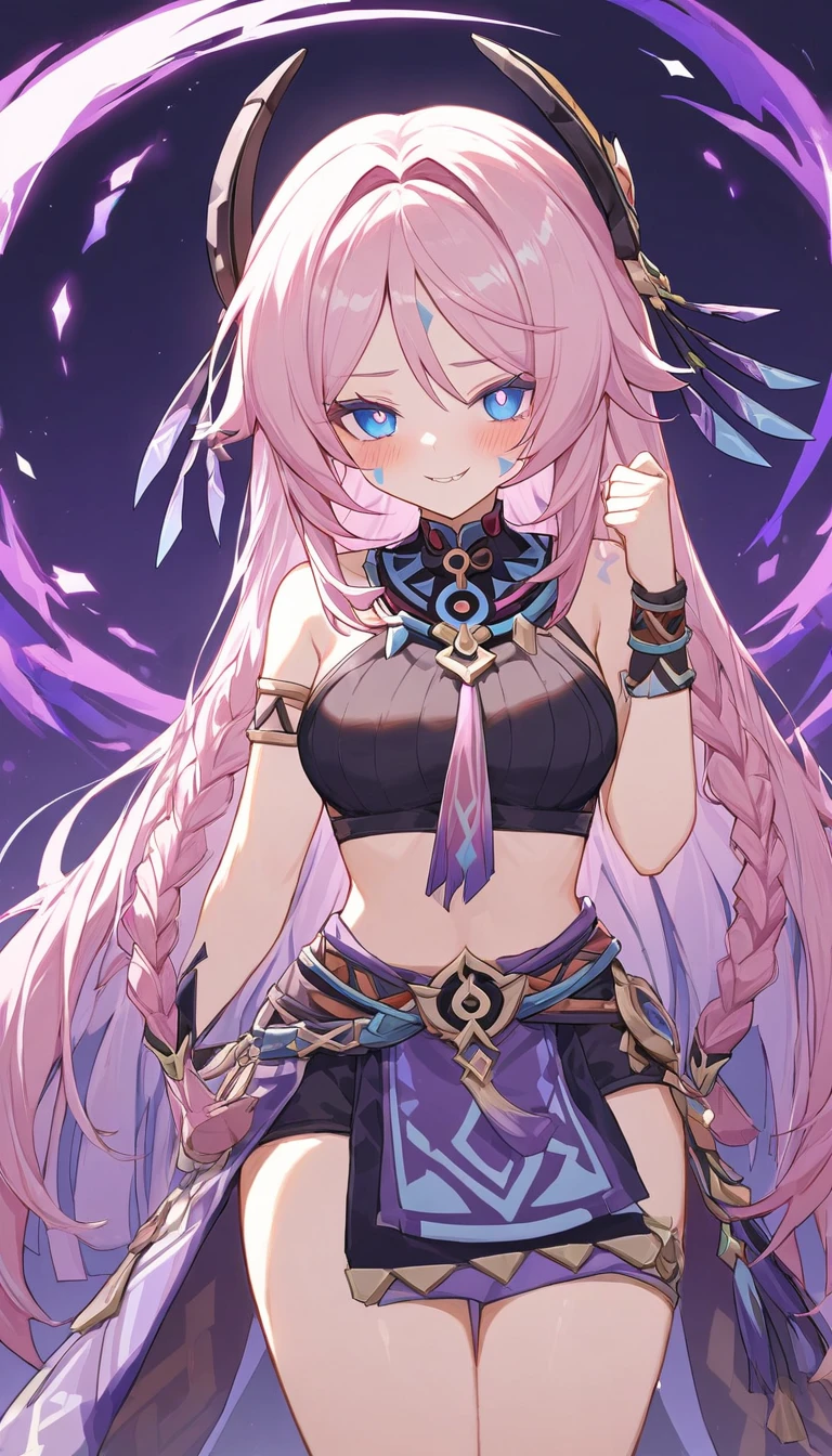 citlali ,シトラリ(genshin impact), 1girl,cowboy shot,evil smile,(clenched hands),pink hair, parted bangs, very long hair, hair down, braids, hair ornament, facial Mark, blue eyes, pink pupils,tribal clothes,Purple Pareo,waistcloth,Genshin Impact Style, AddXL, touches hair, glowing eyes, blush, beautiful detailed, hyper detail, masterpiece, best quality, bright, hair ornament, facial Mark, citlali,purple Geometric background