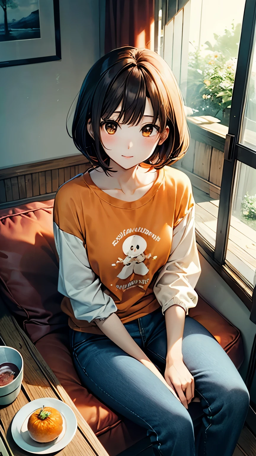 An anime-style 25-year-old Japanese mother named Shiori with a fluffy orange bob cut and gentle brown eyes. She is wearing an orange long-sleeved T-shirt and blue jeans, complemented by comfortable slippers. She is barefoot and depicted from head to toe in a cozy living room with minimal furniture, either doing housework or resting after chores. A vase with fresh flowers sits on a nearby table. High detail, soft lighting, peaceful atmosphere.
