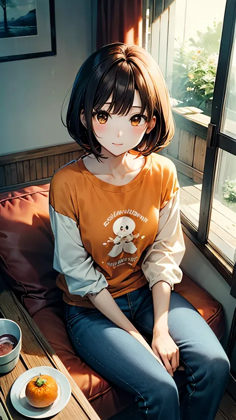 an anime-style 25-year-old japanese mother named shiori with a fluffy orange bob cut and gentle brown eyes. she is wearing an or...