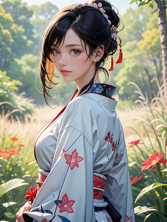 (Best Quality, High resolution, 8k), Japanese painting style, Beautiful Japanese women who look good in kimono,  Japanese clothing with calm colors and patterns, She has bright brown-black hair and is bundled at the back, Round topknot, Beautiful eyes, Beautiful lips,  beautiful face with a well-groomed face, Facial detailing, Large Breasts, A biologically healthy body, Detailed and delicate depiction, A flashy and dynamic painting technique, Japanese style garden,  Japanese style hotel, Autumn season, The autumn leaves are beautiful, Autumn flowers are blooming, The silver grass is swaying, Cosmos flowers are blooming, Wind blows hair up , Vibrant colors, Look at me and smile, blue sky, White Clouds, Detailed illustration art, Unique creation and drawing, 