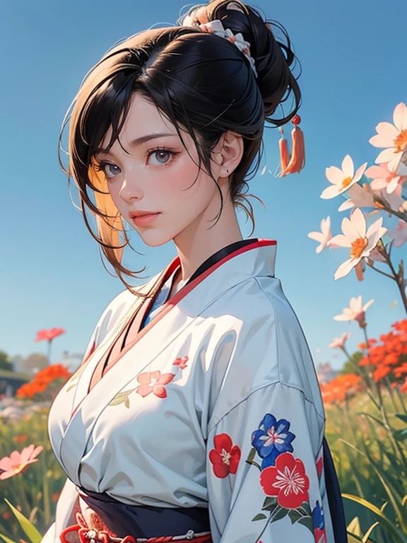 (Best Quality, High resolution, 8k), Japanese painting style, Beautiful Japanese women who look good in kimono,  Japanese clothing with calm colors and patterns, She has bright brown-black hair and is bundled at the back, Round topknot, Beautiful eyes, Beautiful lips,  beautiful face with a well-groomed face, Facial detailing, Large Breasts, A biologically healthy body, Detailed and delicate depiction, A flashy and dynamic painting technique, Japanese style garden,  Japanese style hotel, Autumn season, The autumn leaves are beautiful, Autumn flowers are blooming, The silver grass is swaying, Cosmos flowers are blooming, Wind blows hair up , Vibrant colors, Look at me and smile, blue sky, White Clouds, Detailed illustration art, Unique creation and drawing, 