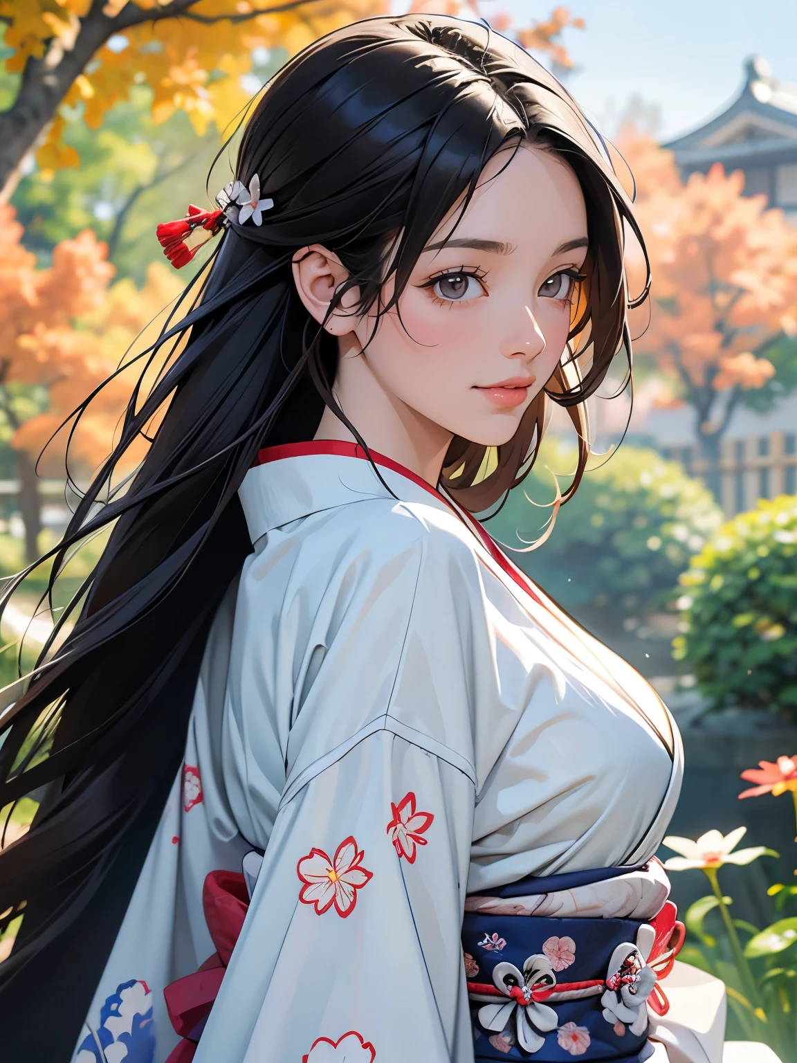 (Best Quality, High resolution, 8k), Japanese painting style, Beautiful Japanese women who look good in kimono,  Japanese clothing with calm colors and patterns, She has bright brown-black hair and is bundled at the back, Beautiful eyes, Beautiful lips,  beautiful face with a well-groomed face, Facial detailing, Large Breasts, A biologically healthy body, Detailed and delicate depiction, A flashy and dynamic painting technique, Japanese style garden,  Japanese style hotel, Autumn season, The autumn leaves are beautiful, Autumn flowers are blooming, The silver grass is swaying, Cosmos flowers are blooming, Wind blows hair up , Vibrant colors, Look at me and smile, blue sky, White Clouds, Detailed illustration art, Unique creation and drawing, 