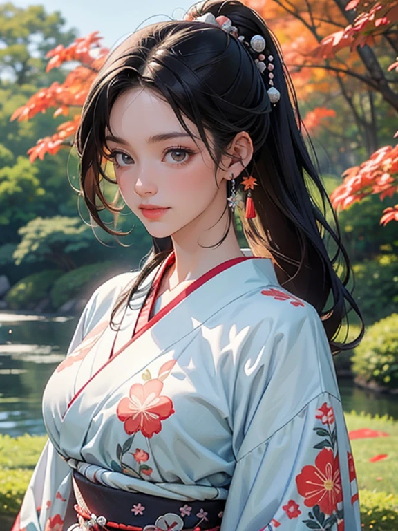 (Best Quality, High resolution, 8k), Japanese painting style, Beautiful Japanese women who look good in kimono,  Japanese clothing with calm colors and patterns, She has bright brown-black hair and is bundled at the back, Round topknot, Beautiful eyes, Beautiful lips,  beautiful face with a well-groomed face, Facial detailing, Large Breasts, A biologically healthy body, Detailed and delicate depiction, A flashy and dynamic painting technique, Japanese style garden,  Japanese style hotel, Autumn season, The autumn leaves are beautiful, Autumn flowers are blooming, The silver grass is swaying, Cosmos flowers are blooming, Wind blows hair up , Vibrant colors, Look at me and smile, blue sky, White Clouds, Detailed illustration art, Unique creation and drawing, 