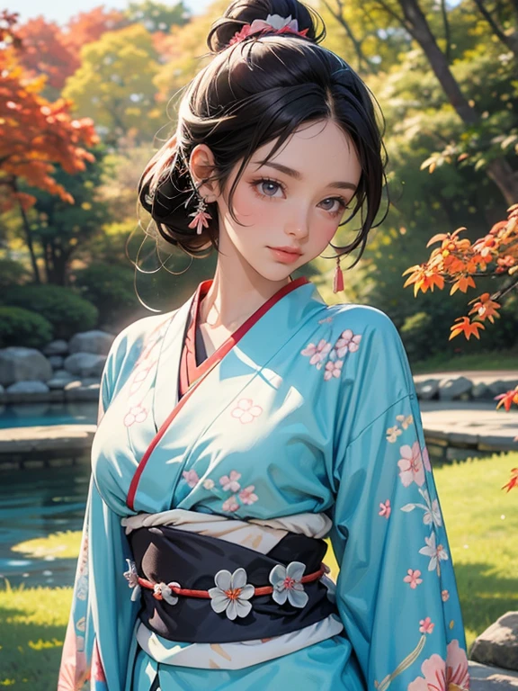 (Best Quality, High resolution, 8k), Japanese painting style, Beautiful Japanese women who look good in kimono,  Japanese clothing with calm colors and patterns, She has bright brown-black hair and is bundled at the back, Round topknot, Beautiful eyes, Beautiful lips,  beautiful face with a well-groomed face, Facial detailing, Large Breasts, A biologically healthy body, Detailed and delicate depiction, A flashy and dynamic painting technique, Japanese style garden,  Japanese style hotel, Autumn season, The autumn leaves are beautiful, Autumn flowers are blooming, The silver grass is swaying, Cosmos flowers are blooming, Wind blows hair up , Vibrant colors, Look at me and smile, blue sky, White Clouds, Detailed illustration art, Unique creation and drawing, 