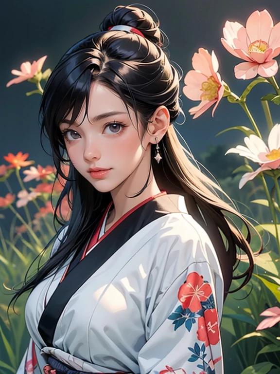 (Best Quality, High resolution, 8k), Japanese painting style, Beautiful Japanese women who look good in kimono,  Japanese clothing with calm colors and patterns, Wrinkle-free fabric ,  with bright brown-black hair tied in a bundle at the back, Round topknot, Beautiful eyes, Beautiful lips,  beautiful face with a well-groomed face, Facial detailing, Large Breasts, A biologically healthy body, Detailed and delicate depiction, A flashy and dynamic painting technique, Japanese style garden,  Japanese style hotel, Autumn season, The autumn leaves are beautiful, Autumn flowers are blooming, The silver grass is swaying, Cosmos flowers are blooming, Wind blows hair up , Vibrant colors, Look at me and smile, blue sky, White Clouds, Detailed illustration art, Unique creation and drawing, 