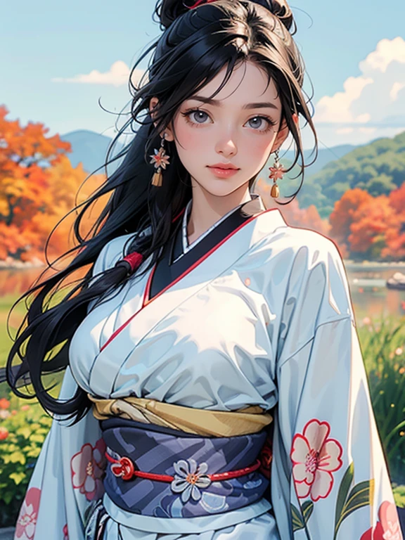 (Best Quality, High resolution, 8k), Japanese painting style, Beautiful Japanese women who look good in kimono,  Japanese clothing with calm colors and patterns, Wrinkle-free fabric ,  with bright brown-black hair tied in a bundle at the back, Round topknot, Beautiful eyes, Beautiful lips,  beautiful face with a well-groomed face, Facial detailing, Large Breasts, A biologically healthy body, Detailed and delicate depiction, A flashy and dynamic painting technique, Japanese style garden,  Japanese style hotel, Autumn season, The autumn leaves are beautiful, Autumn flowers are blooming, The silver grass is swaying, Cosmos flowers are blooming, Wind blows hair up , Vibrant colors, Look at me and smile, blue sky, White Clouds, Detailed illustration art, Unique creation and drawing, 