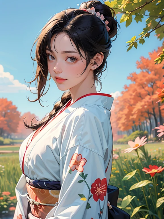 (Best Quality, High resolution, 8k), Japanese painting style, Beautiful Japanese women who look good in kimono,  Japanese clothing with calm colors and patterns, Wrinkle-free fabric , She has bright brown-black hair and is bundled at the back, Round topknot, Beautiful eyes, Beautiful lips,  beautiful face with a well-groomed face, Facial detailing, Large Breasts, A biologically healthy body, Detailed and delicate depiction, A flashy and dynamic painting technique, Japanese style garden,  Japanese style hotel, Autumn season, The autumn leaves are beautiful, Autumn flowers are blooming, The silver grass is swaying, Cosmos flowers are blooming, Wind blows hair up , Vibrant colors, Look at me and smile, blue sky, White Clouds, Detailed illustration art, Unique creation and drawing, 