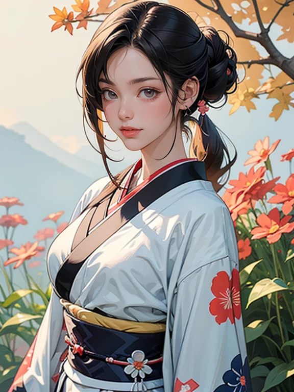 (Best Quality, High resolution, 8k), Japanese painting style, Beautiful Japanese women who look good in kimono,  Japanese clothing with calm colors and patterns, Wrinkle-free fabric , She has bright brown-black hair and is bundled at the back, Round topknot, Beautiful eyes, Beautiful lips,  beautiful face with a well-groomed face, Facial detailing, Large Breasts, A biologically healthy body, Detailed and delicate depiction, A flashy and dynamic painting technique, Japanese style garden,  Japanese style hotel, Autumn season, The autumn leaves are beautiful, Autumn flowers are blooming, The silver grass is swaying, Cosmos flowers are blooming, Wind blows hair up , Vibrant colors, Look at me and smile, blue sky, White Clouds, Detailed illustration art, Unique creation and drawing, 