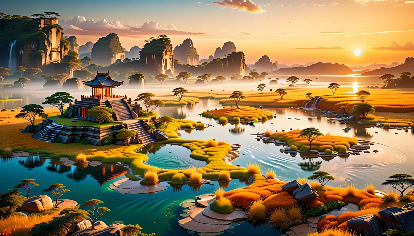 A Masterpiece In 32K Resolution, Supreme Quality, Super Detail, Official Art, Very High-Resolution 32K Wallpaper, Beautiful And Aesthetic, Ultra-Detailed Features, Awe-Inspiring Detail. Floating Islands Hover Above Vast, Golden Savannas, Where Herds Of Wild Animals Roam Beneath The Warm, Orange Sky. Waterfalls Pour From The Islands, Forming Crystal-Clear Lakes Below. In The Distance, A Grand Temple Stands On A Plateau, Its Stone Walls Bathed In The Glow Of The Setting Sun.