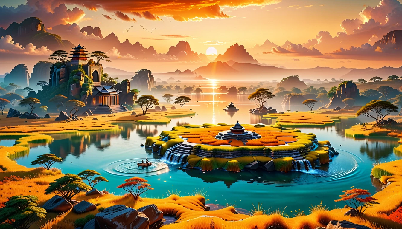 A Masterpiece In 32K Resolution, Supreme Quality, Super Detail, Official Art, Very High-Resolution 32K Wallpaper, Beautiful And Aesthetic, Ultra-Detailed Features, Awe-Inspiring Detail. Floating Islands Hover Above Vast, Golden Savannas, Where Herds Of Wild Animals Roam Beneath The Warm, Orange Sky. Waterfalls Pour From The Islands, Forming Crystal-Clear Lakes Below. In The Distance, A Grand Temple Stands On A Plateau, Its Stone Walls Bathed In The Glow Of The Setting Sun.