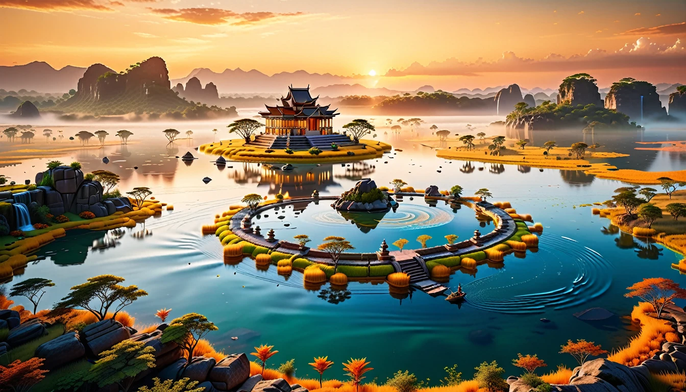 A Masterpiece In 32K Resolution, Supreme Quality, Super Detail, Official Art, Very High-Resolution 32K Wallpaper, Beautiful And Aesthetic, Ultra-Detailed Features, Awe-Inspiring Detail. Floating Islands Hover Above Vast, Golden Savannas, Where Herds Of Wild Animals Roam Beneath The Warm, Orange Sky. Waterfalls Pour From The Islands, Forming Crystal-Clear Lakes Below. In The Distance, A Grand Temple Stands On A Plateau, Its Stone Walls Bathed In The Glow Of The Setting Sun.