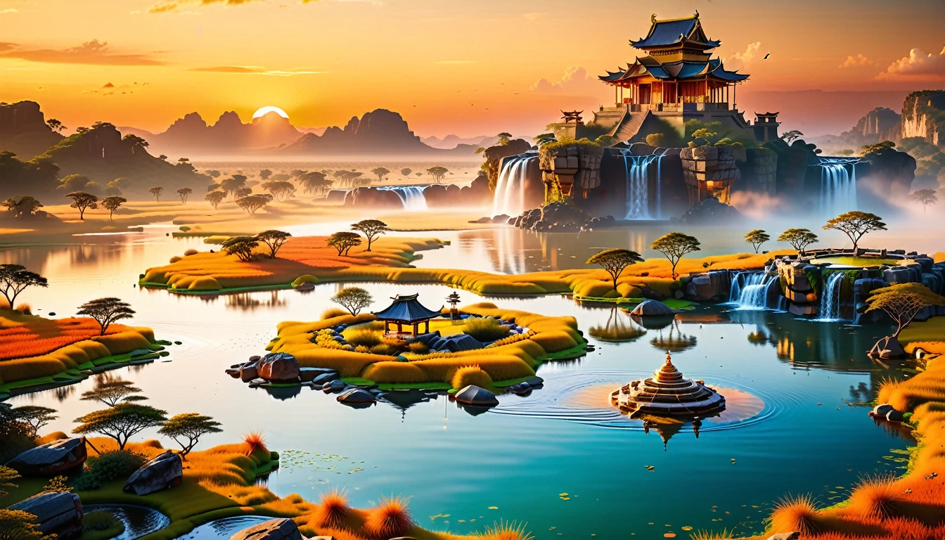 A Masterpiece In 32K Resolution, Supreme Quality, Super Detail, Official Art, Very High-Resolution 32K Wallpaper, Beautiful And Aesthetic, Ultra-Detailed Features, Awe-Inspiring Detail. Floating Islands Hover Above Vast, Golden Savannas, Where Herds Of Wild Animals Roam Beneath The Warm, Orange Sky. Waterfalls Pour From The Islands, Forming Crystal-Clear Lakes Below. In The Distance, A Grand Temple Stands On A Plateau, Its Stone Walls Bathed In The Glow Of The Setting Sun.