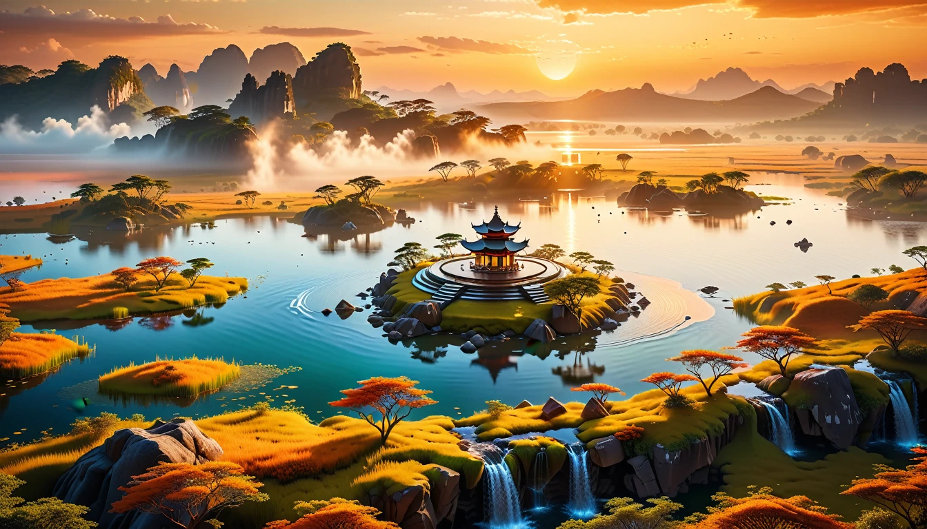 A Masterpiece In 32K Resolution, Supreme Quality, Super Detail, Official Art, Very High-Resolution 32K Wallpaper, Beautiful And Aesthetic, Ultra-Detailed Features, Awe-Inspiring Detail. Floating Islands Hover Above Vast, Golden Savannas, Where Herds Of Wild Animals Roam Beneath The Warm, Orange Sky. Waterfalls Pour From The Islands, Forming Crystal-Clear Lakes Below. In The Distance, A Grand Temple Stands On A Plateau, Its Stone Walls Bathed In The Glow Of The Setting Sun.