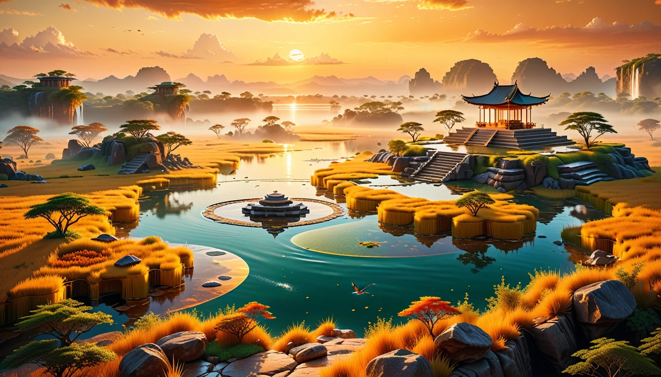 A Masterpiece In 32K Resolution, Supreme Quality, Super Detail, Official Art, Very High-Resolution 32K Wallpaper, Beautiful And Aesthetic, Ultra-Detailed Features, Awe-Inspiring Detail. Floating Islands Hover Above Vast, Golden Savannas, Where Herds Of Wild Animals Roam Beneath The Warm, Orange Sky. Waterfalls Pour From The Islands, Forming Crystal-Clear Lakes Below. In The Distance, A Grand Temple Stands On A Plateau, Its Stone Walls Bathed In The Glow Of The Setting Sun.