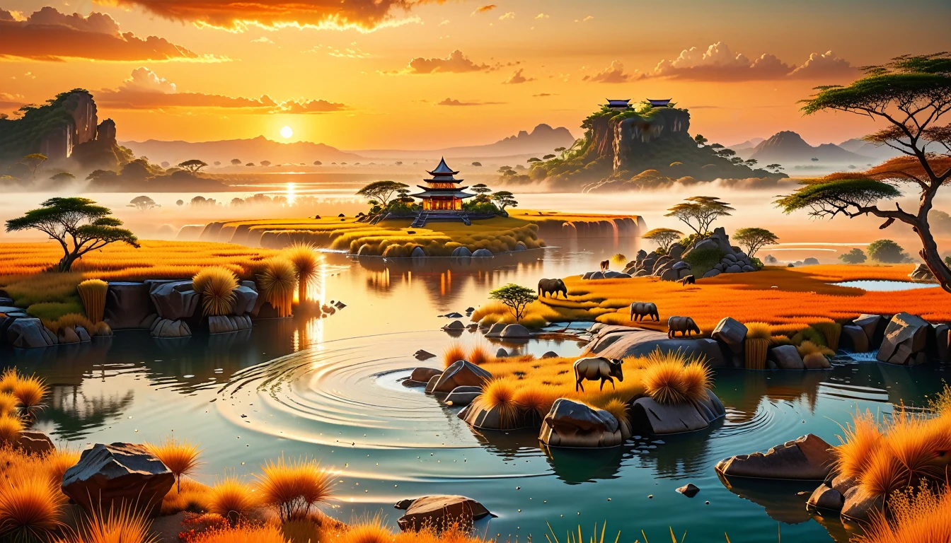 A Masterpiece In 32K Resolution, Supreme Quality, Super Detail, Official Art, Very High-Resolution 32K Wallpaper, Beautiful And Aesthetic, Ultra-Detailed Features, Awe-Inspiring Detail. Floating Islands Hover Above Vast, Golden Savannas, Where Herds Of Wild Animals Roam Beneath The Warm, Orange Sky. Waterfalls Pour From The Islands, Forming Crystal-Clear Lakes Below. In The Distance, A Grand Temple Stands On A Plateau, Its Stone Walls Bathed In The Glow Of The Setting Sun.