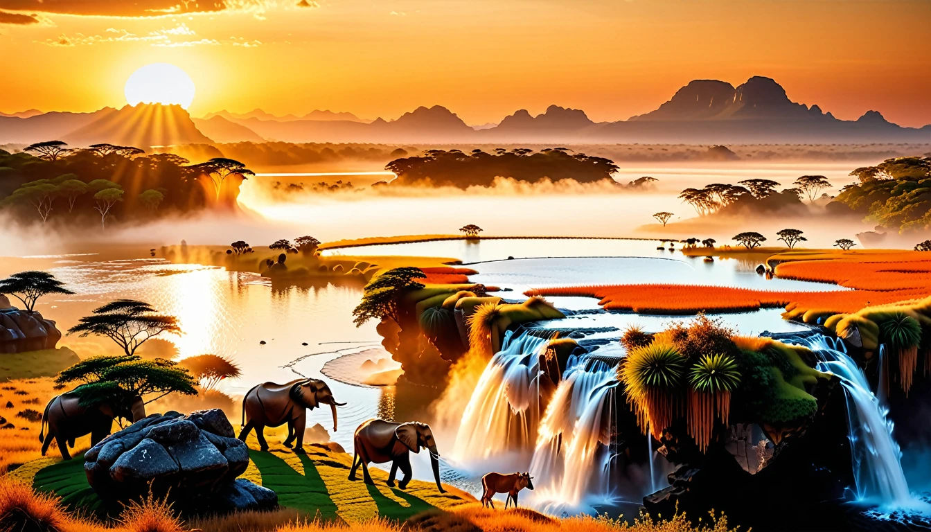 A Masterpiece In 32K Resolution, Supreme Quality, Super Detail, Official Art, Very High-Resolution 32K Wallpaper, Beautiful And Aesthetic, Ultra-Detailed Features, Awe-Inspiring Detail. Floating Islands Hover Above Vast, Golden Savannas, Where Herds Of Wild Animals Roam Beneath The Warm, Orange Sky. Waterfalls Pour From The Islands, Forming Crystal-Clear Lakes Below. In The Distance, A Grand Temple Stands On A Plateau, Its Stone Walls Bathed In The Glow Of The Setting Sun.