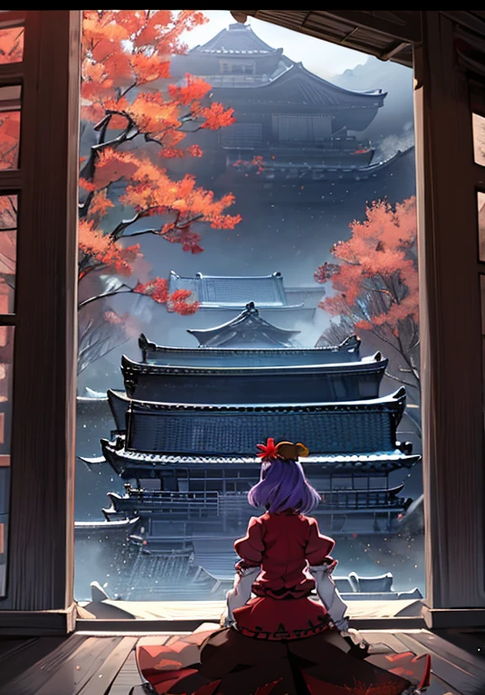 1girl, yasaka kanako (touhou), red eyes, short hair, purple hair, red shirt, long sleeves, puffy short sleeves, short over long sleeves, long skirt, black skirt, brown skirt, red skirt, zouri, shimenawa, shide, tassel, leaf hair ornament, autumn leaves, ankleband, mirror, onbashira,