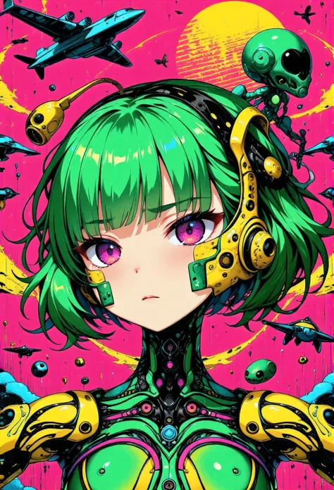 ((best quality)), ((masterpiece)), (detailed), perfect face of cyberpunk mecha japanese girl, neon pink eyes, neon green body, n...