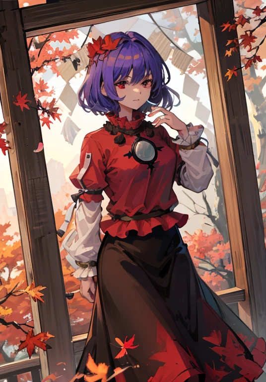 1girl, yasaka kanako (touhou), red eyes, short hair, purple hair, red shirt, long sleeves, puffy short sleeves, short over long sleeves, long skirt, black skirt, brown skirt, red skirt, zouri, shimenawa, shide, tassel, leaf hair ornament, autumn leaves, ankleband, mirror, onbashira, kawaiitech, pastel colors, kawaii, cute colors