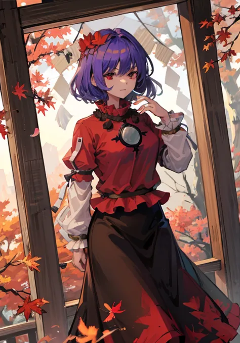 1girl, yasaka kanako (touhou), red eyes, short hair, purple hair, red shirt, long sleeves, puffy short sleeves, short over long ...