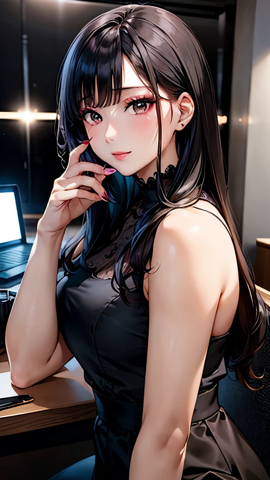 An anime-style 28-year-old Japanese beauty influencer named Aya Fujiwara with long, glossy straight black hair and large, expressive dark brown eyes. She is wearing a stylish elegant blouse paired with high-waisted skirt and fashionable accessories. Aya is depicted from head to toe in a modern, chic studio setting, either applying makeup or taking a selfie for her social media. High detail, vibrant colors, professional lighting, glamorous atmosphere.
