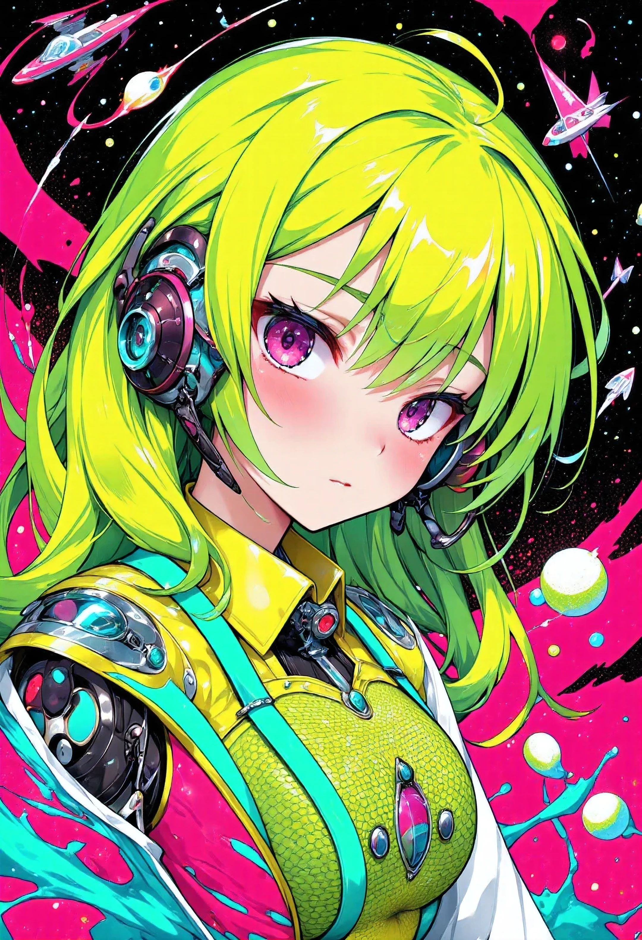 ((best quality)), ((masterpiece)), (detailed), perfect face of cyberpunk mecha japanese girl, neon pink eyes, neon green body, neon green hair, ((monochromatic neon pink, yellow, and green color palette)), surreal, art nouveau, in the illustrative style of moebius, spaceships, aliens, fantasy, sci-fi, graphic novel, line drawing, french retro, bizarre, gallery worthy, work of uncanny art,
