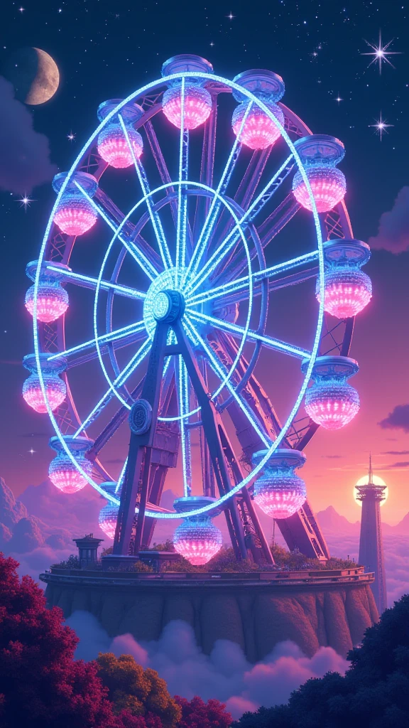 Cute pixel style, towering Ferris wheel made of glowing crystal gears, spinning gently under a sky full of sparkling neon stars. A mysterious glow emanates from its mechanical joints.