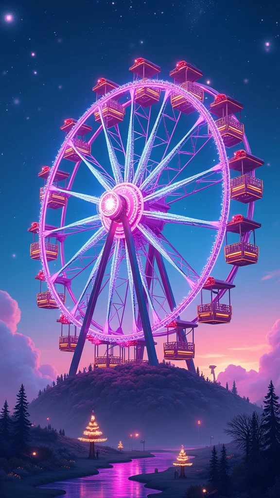 Cute pixel style, towering Ferris wheel made of glowing crystal gears, spinning gently under a sky full of sparkling neon stars. A mysterious glow emanates from its mechanical joints.