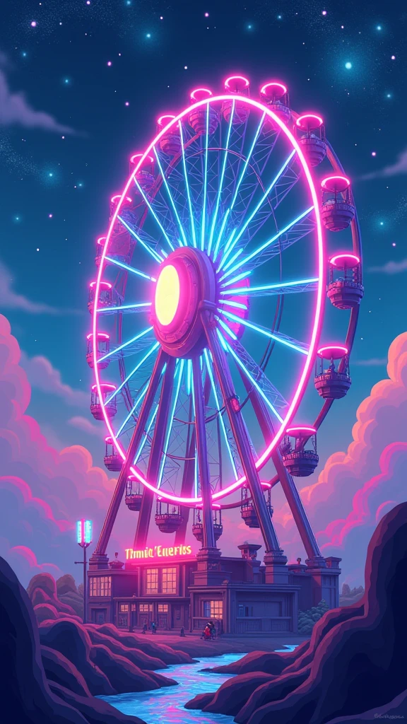 Cute pixel style, towering Ferris wheel made of glowing crystal gears, spinning gently under a sky full of sparkling neon stars. A mysterious glow emanates from its mechanical joints.