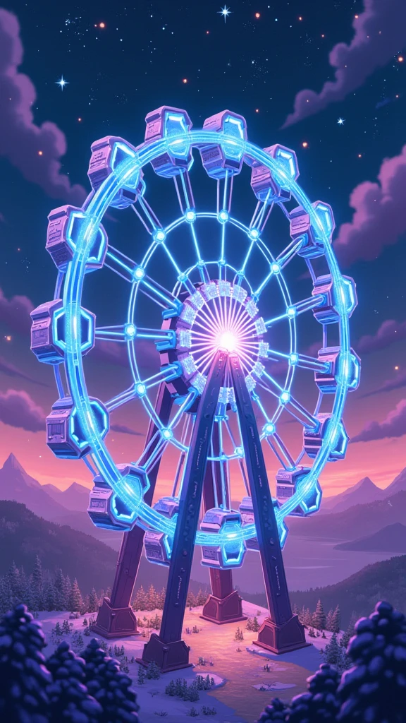 Cute pixel style, towering Ferris wheel made of glowing crystal gears, spinning gently under a sky full of sparkling neon stars. A mysterious glow emanates from its mechanical joints.