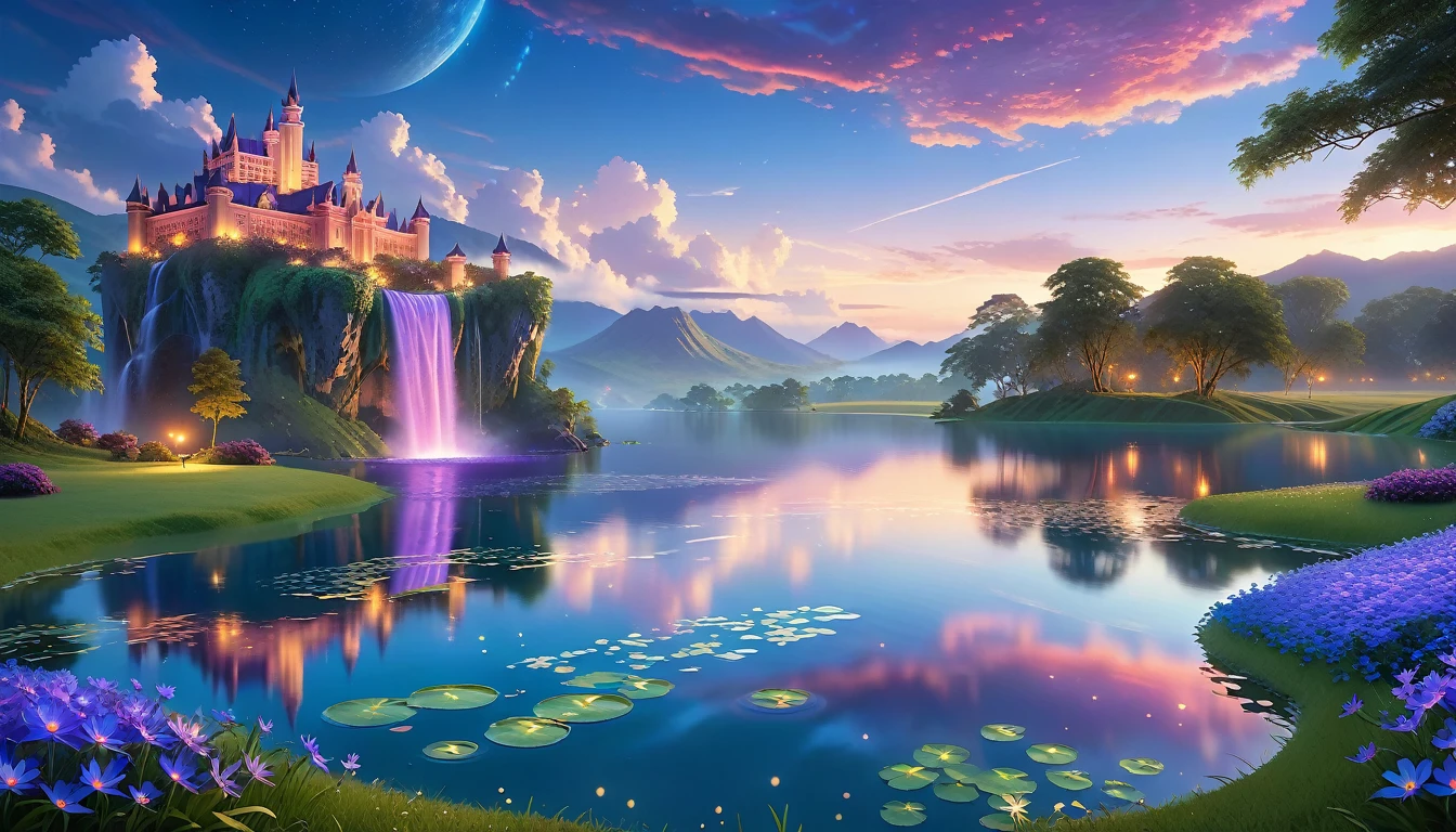 A Masterpiece In 32K Resolution, Supreme Quality, Super Detail, Official Art, Very High-Resolution 32K Wallpaper, Beautiful And Aesthetic, Ultra-Detailed Features, Awe-Inspiring Detail. Floating Islands Hover Over Endless, Serene Meadows Bathed In The Soft Glow Of Twilight. Purple And Blue Flowers Blanket The Ground, While Glowing Fireflies Dance In The Air. Waterfalls Cascade From The Islands Into Small, Tranquil Lakes Below. A Grand Castle With Glass Towers Glows Faintly In The Distance, Reflecting The Soft Hues Of The Twilight Sky.