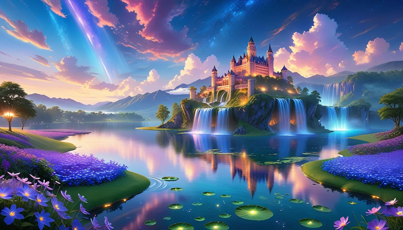 A Masterpiece In 32K Resolution, Supreme Quality, Super Detail, Official Art, Very High-Resolution 32K Wallpaper, Beautiful And Aesthetic, Ultra-Detailed Features, Awe-Inspiring Detail. Floating Islands Hover Over Endless, Serene Meadows Bathed In The Soft Glow Of Twilight. Purple And Blue Flowers Blanket The Ground, While Glowing Fireflies Dance In The Air. Waterfalls Cascade From The Islands Into Small, Tranquil Lakes Below. A Grand Castle With Glass Towers Glows Faintly In The Distance, Reflecting The Soft Hues Of The Twilight Sky.