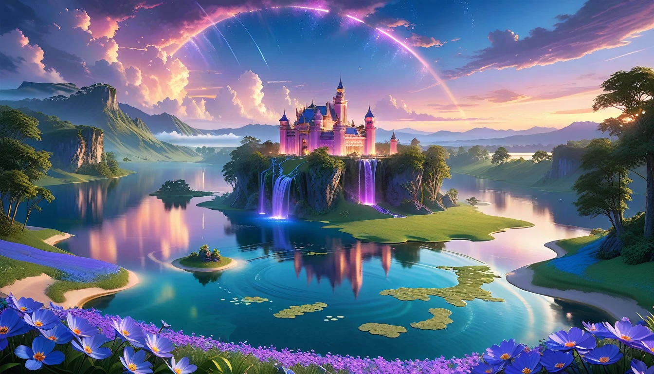 A Masterpiece In 32K Resolution, Supreme Quality, Super Detail, Official Art, Very High-Resolution 32K Wallpaper, Beautiful And Aesthetic, Ultra-Detailed Features, Awe-Inspiring Detail. Floating Islands Hover Over Endless, Serene Meadows Bathed In The Soft Glow Of Twilight. Purple And Blue Flowers Blanket The Ground, While Glowing Fireflies Dance In The Air. Waterfalls Cascade From The Islands Into Small, Tranquil Lakes Below. A Grand Castle With Glass Towers Glows Faintly In The Distance, Reflecting The Soft Hues Of The Twilight Sky.