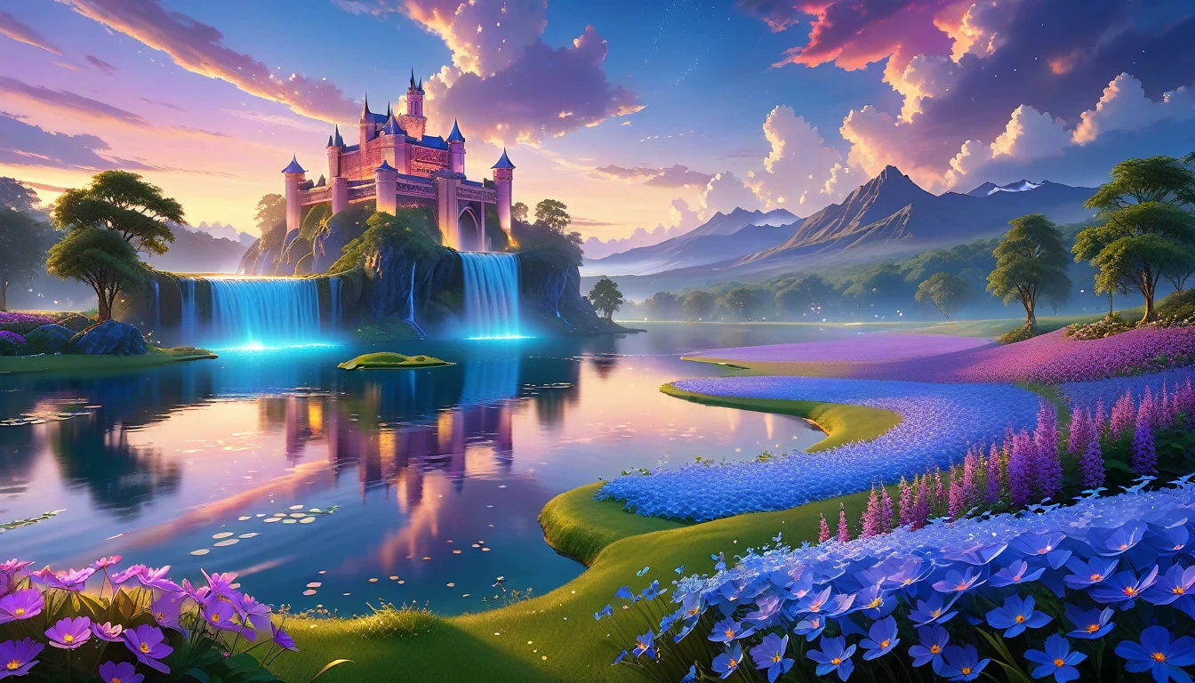 A Masterpiece In 32K Resolution, Supreme Quality, Super Detail, Official Art, Very High-Resolution 32K Wallpaper, Beautiful And Aesthetic, Ultra-Detailed Features, Awe-Inspiring Detail. Floating Islands Hover Over Endless, Serene Meadows Bathed In The Soft Glow Of Twilight. Purple And Blue Flowers Blanket The Ground, While Glowing Fireflies Dance In The Air. Waterfalls Cascade From The Islands Into Small, Tranquil Lakes Below. A Grand Castle With Glass Towers Glows Faintly In The Distance, Reflecting The Soft Hues Of The Twilight Sky.