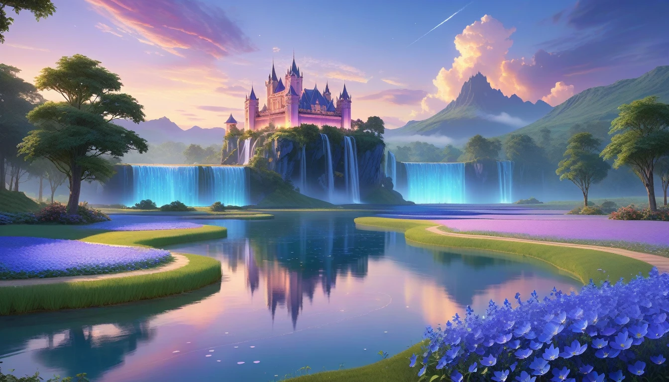 A Masterpiece In 32K Resolution, Supreme Quality, Super Detail, Official Art, Very High-Resolution 32K Wallpaper, Beautiful And Aesthetic, Ultra-Detailed Features, Awe-Inspiring Detail. Floating Islands Hover Over Endless, Serene Meadows Bathed In The Soft Glow Of Twilight. Purple And Blue Flowers Blanket The Ground, While Glowing Fireflies Dance In The Air. Waterfalls Cascade From The Islands Into Small, Tranquil Lakes Below. A Grand Castle With Glass Towers Glows Faintly In The Distance, Reflecting The Soft Hues Of The Twilight Sky.