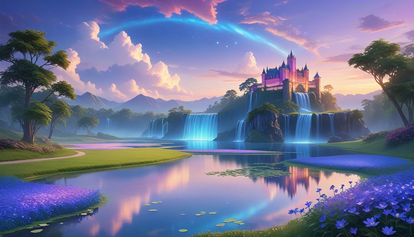 A Masterpiece In 32K Resolution, Supreme Quality, Super Detail, Official Art, Very High-Resolution 32K Wallpaper, Beautiful And Aesthetic, Ultra-Detailed Features, Awe-Inspiring Detail. Floating Islands Hover Over Endless, Serene Meadows Bathed In The Soft Glow Of Twilight. Purple And Blue Flowers Blanket The Ground, While Glowing Fireflies Dance In The Air. Waterfalls Cascade From The Islands Into Small, Tranquil Lakes Below. A Grand Castle With Glass Towers Glows Faintly In The Distance, Reflecting The Soft Hues Of The Twilight Sky.