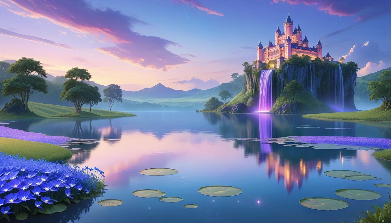 A Masterpiece In 32K Resolution, Supreme Quality, Super Detail, Official Art, Very High-Resolution 32K Wallpaper, Beautiful And Aesthetic, Ultra-Detailed Features, Awe-Inspiring Detail. Floating Islands Hover Over Endless, Serene Meadows Bathed In The Soft Glow Of Twilight. Purple And Blue Flowers Blanket The Ground, While Glowing Fireflies Dance In The Air. Waterfalls Cascade From The Islands Into Small, Tranquil Lakes Below. A Grand Castle With Glass Towers Glows Faintly In The Distance, Reflecting The Soft Hues Of The Twilight Sky.