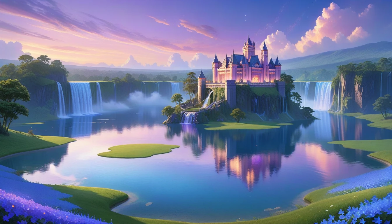 A Masterpiece In 32K Resolution, Supreme Quality, Super Detail, Official Art, Very High-Resolution 32K Wallpaper, Beautiful And Aesthetic, Ultra-Detailed Features, Awe-Inspiring Detail. Floating Islands Hover Over Endless, Serene Meadows Bathed In The Soft Glow Of Twilight. Purple And Blue Flowers Blanket The Ground, While Glowing Fireflies Dance In The Air. Waterfalls Cascade From The Islands Into Small, Tranquil Lakes Below. A Grand Castle With Glass Towers Glows Faintly In The Distance, Reflecting The Soft Hues Of The Twilight Sky.