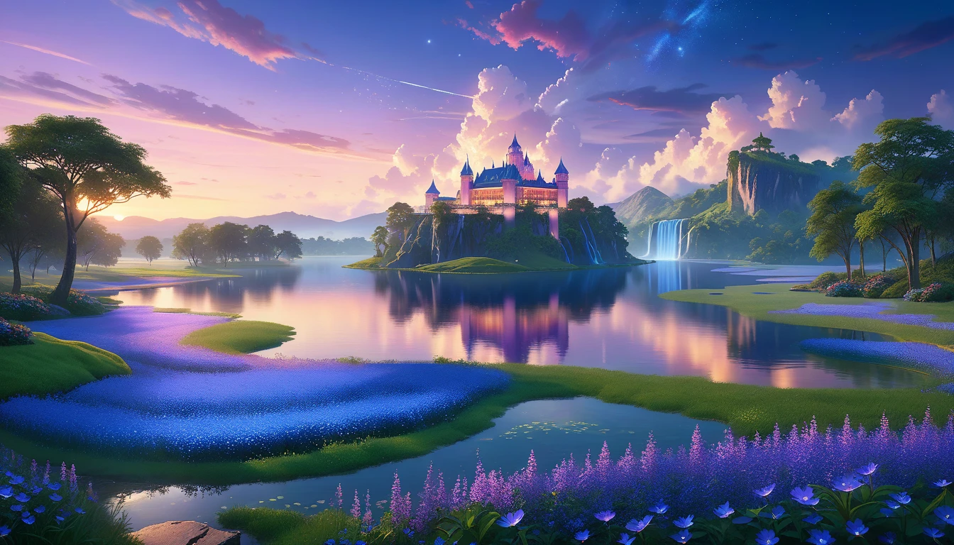 A Masterpiece In 32K Resolution, Supreme Quality, Super Detail, Official Art, Very High-Resolution 32K Wallpaper, Beautiful And Aesthetic, Ultra-Detailed Features, Awe-Inspiring Detail. Floating Islands Hover Over Endless, Serene Meadows Bathed In The Soft Glow Of Twilight. Purple And Blue Flowers Blanket The Ground, While Glowing Fireflies Dance In The Air. Waterfalls Cascade From The Islands Into Small, Tranquil Lakes Below. A Grand Castle With Glass Towers Glows Faintly In The Distance, Reflecting The Soft Hues Of The Twilight Sky.