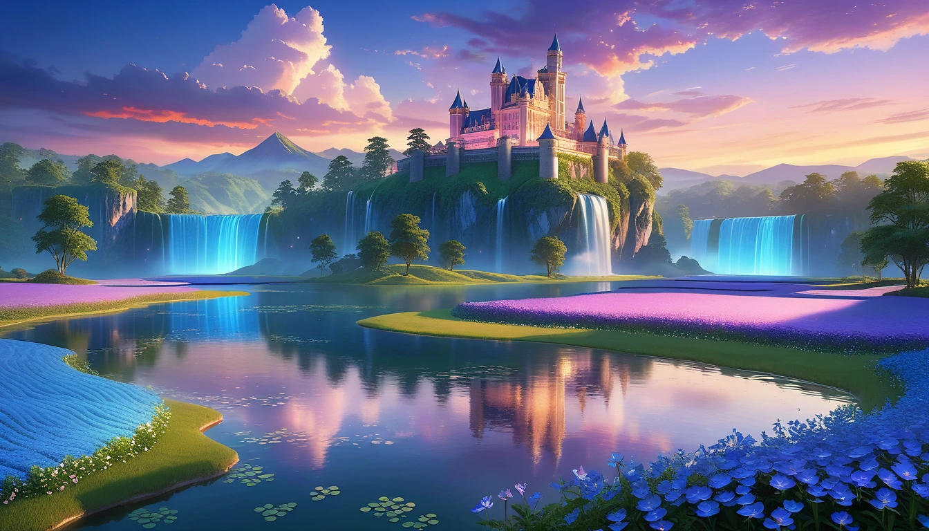 A Masterpiece In 32K Resolution, Supreme Quality, Super Detail, Official Art, Very High-Resolution 32K Wallpaper, Beautiful And Aesthetic, Ultra-Detailed Features, Awe-Inspiring Detail. Floating Islands Hover Over Endless, Serene Meadows Bathed In The Soft Glow Of Twilight. Purple And Blue Flowers Blanket The Ground, While Glowing Fireflies Dance In The Air. Waterfalls Cascade From The Islands Into Small, Tranquil Lakes Below. A Grand Castle With Glass Towers Glows Faintly In The Distance, Reflecting The Soft Hues Of The Twilight Sky.