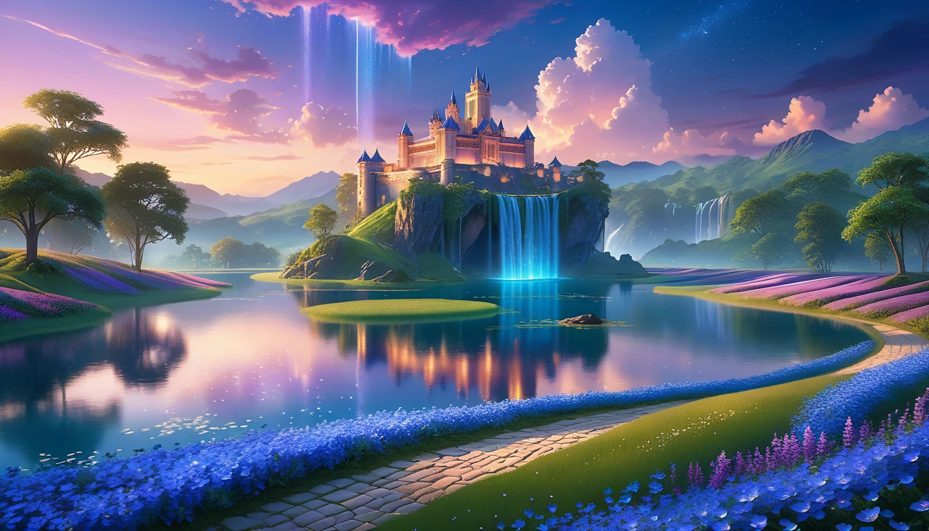 A Masterpiece In 32K Resolution, Supreme Quality, Super Detail, Official Art, Very High-Resolution 32K Wallpaper, Beautiful And Aesthetic, Ultra-Detailed Features, Awe-Inspiring Detail. Floating Islands Hover Over Endless, Serene Meadows Bathed In The Soft Glow Of Twilight. Purple And Blue Flowers Blanket The Ground, While Glowing Fireflies Dance In The Air. Waterfalls Cascade From The Islands Into Small, Tranquil Lakes Below. A Grand Castle With Glass Towers Glows Faintly In The Distance, Reflecting The Soft Hues Of The Twilight Sky.