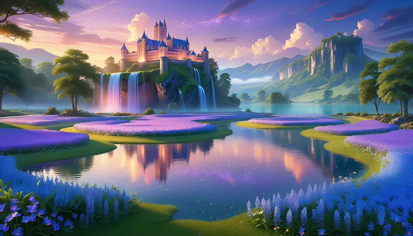 A Masterpiece In 32K Resolution, Supreme Quality, Super Detail, Official Art, Very High-Resolution 32K Wallpaper, Beautiful And Aesthetic, Ultra-Detailed Features, Awe-Inspiring Detail. Floating Islands Hover Over Endless, Serene Meadows Bathed In The Soft Glow Of Twilight. Purple And Blue Flowers Blanket The Ground, While Glowing Fireflies Dance In The Air. Waterfalls Cascade From The Islands Into Small, Tranquil Lakes Below. A Grand Castle With Glass Towers Glows Faintly In The Distance, Reflecting The Soft Hues Of The Twilight Sky.