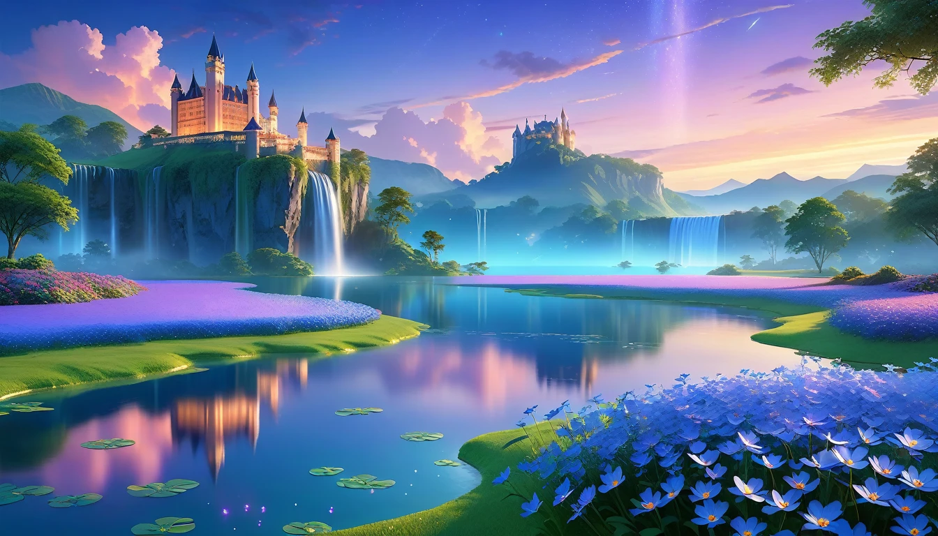 A Masterpiece In 32K Resolution, Supreme Quality, Super Detail, Official Art, Very High-Resolution 32K Wallpaper, Beautiful And Aesthetic, Ultra-Detailed Features, Awe-Inspiring Detail. Floating Islands Hover Over Endless, Serene Meadows Bathed In The Soft Glow Of Twilight. Purple And Blue Flowers Blanket The Ground, While Glowing Fireflies Dance In The Air. Waterfalls Cascade From The Islands Into Small, Tranquil Lakes Below. A Grand Castle With Glass Towers Glows Faintly In The Distance, Reflecting The Soft Hues Of The Twilight Sky.