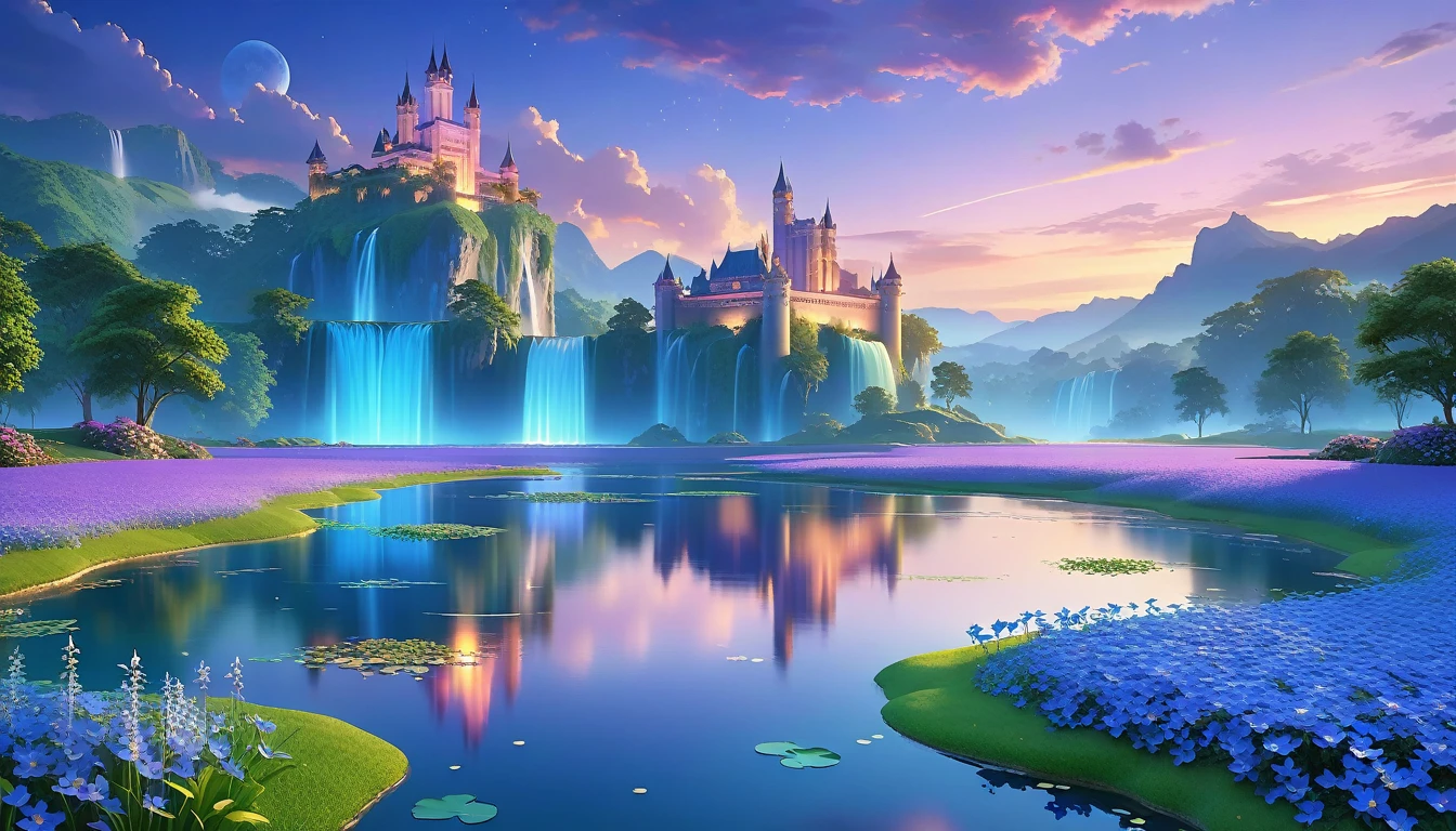 A Masterpiece In 32K Resolution, Supreme Quality, Super Detail, Official Art, Very High-Resolution 32K Wallpaper, Beautiful And Aesthetic, Ultra-Detailed Features, Awe-Inspiring Detail. Floating Islands Hover Over Endless, Serene Meadows Bathed In The Soft Glow Of Twilight. Purple And Blue Flowers Blanket The Ground, While Glowing Fireflies Dance In The Air. Waterfalls Cascade From The Islands Into Small, Tranquil Lakes Below. A Grand Castle With Glass Towers Glows Faintly In The Distance, Reflecting The Soft Hues Of The Twilight Sky.