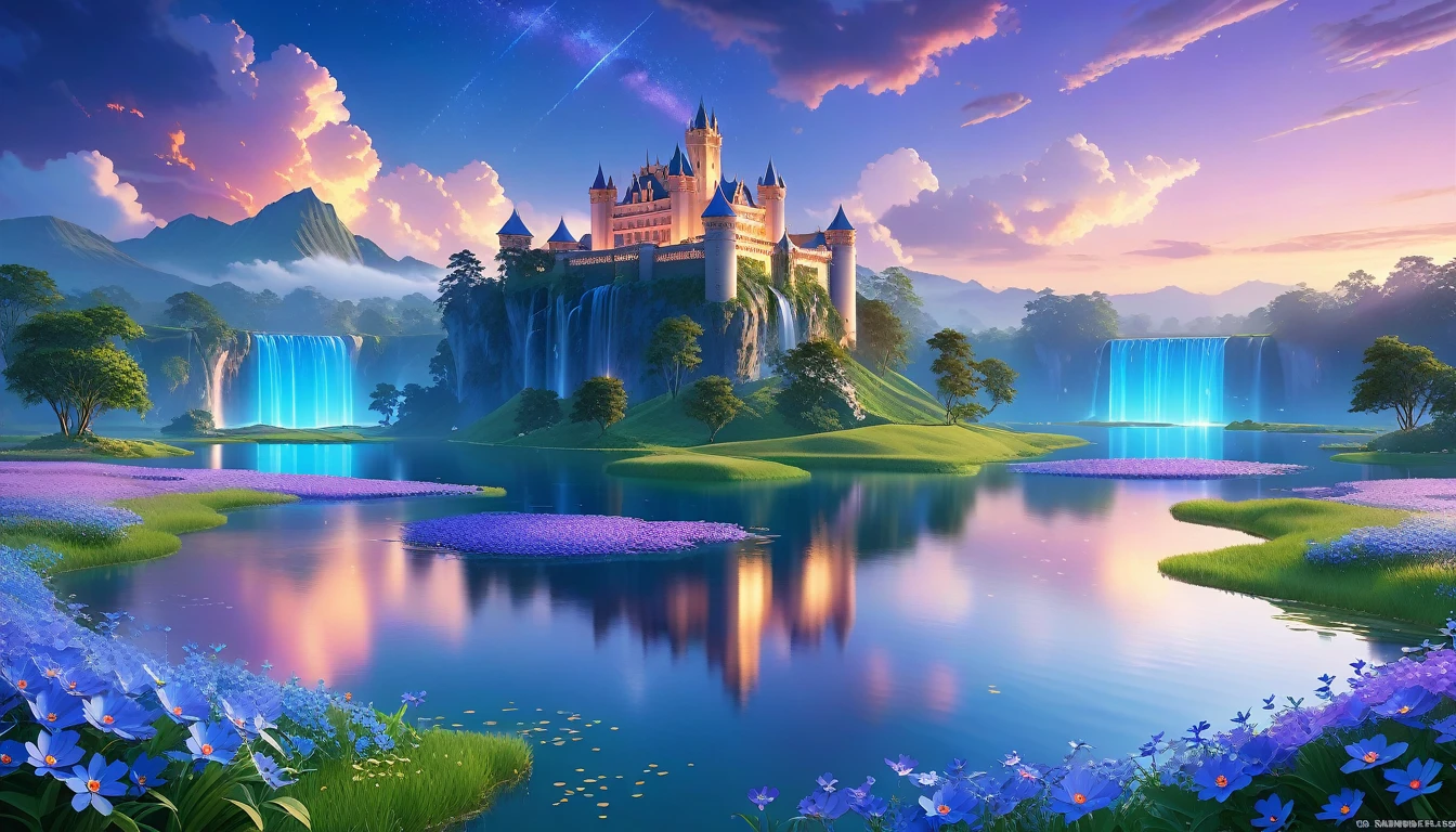 A Masterpiece In 32K Resolution, Supreme Quality, Super Detail, Official Art, Very High-Resolution 32K Wallpaper, Beautiful And Aesthetic, Ultra-Detailed Features, Awe-Inspiring Detail. Floating Islands Hover Over Endless, Serene Meadows Bathed In The Soft Glow Of Twilight. Purple And Blue Flowers Blanket The Ground, While Glowing Fireflies Dance In The Air. Waterfalls Cascade From The Islands Into Small, Tranquil Lakes Below. A Grand Castle With Glass Towers Glows Faintly In The Distance, Reflecting The Soft Hues Of The Twilight Sky.