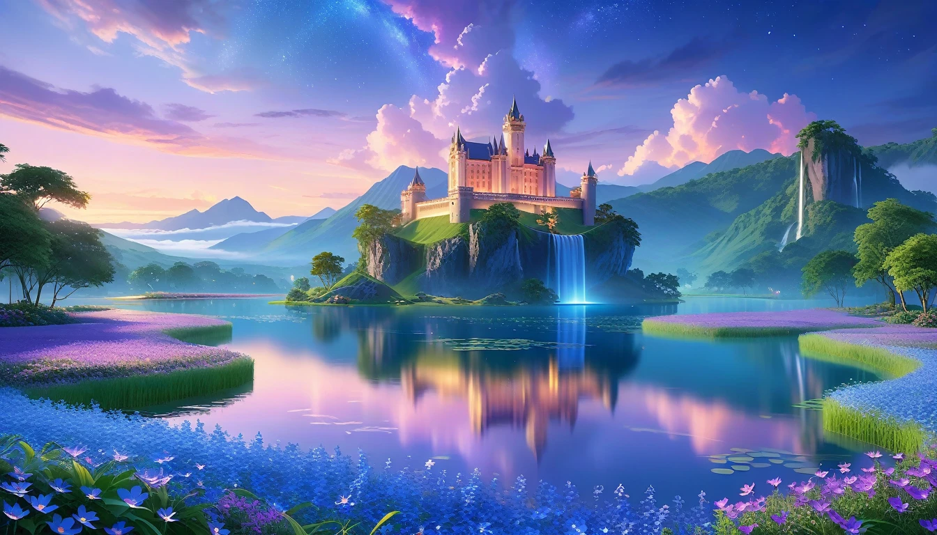 A Masterpiece In 32K Resolution, Supreme Quality, Super Detail, Official Art, Very High-Resolution 32K Wallpaper, Beautiful And Aesthetic, Ultra-Detailed Features, Awe-Inspiring Detail. Floating Islands Hover Over Endless, Serene Meadows Bathed In The Soft Glow Of Twilight. Purple And Blue Flowers Blanket The Ground, While Glowing Fireflies Dance In The Air. Waterfalls Cascade From The Islands Into Small, Tranquil Lakes Below. A Grand Castle With Glass Towers Glows Faintly In The Distance, Reflecting The Soft Hues Of The Twilight Sky.