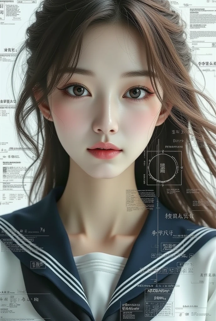 (最High image quality, detailed,masterpiece:1.2),RAW Photos, Realistic, (Realistic), 最High image quality, masterpiece, 超detailed, Very cute, 8kwallpaper, Realistic,Female Cyborgのエントリーのマインドマップ, Outputs and Processors, Multiple exposure of painting and person,  create a digital collage-style image where multiple elements overlap , especially, The parts that make up her, (masterpiece:1.2, Superior Quality,Milonish, Cinematic Experience, Realistic:2.0, RAW Photos:2.0, 非常にdetailed), 32K, wallpaper, Ultra-high resolution:1.5, Ultra High image quality:1.5, (Representing blueprints with holograms:2.0), (Beautiful woman:2.0), Female Cyborg, (Female Cyborgの設計図:2.0), (Draw the back view:2.0), (Avant-garde design:2.0), (detailedな設計図を描く:2.0), (Numerous setting notes:2.0), Portrait of a Japanese woman:1.21, School Uniform, Uniforms from prestigious metropolitan high schools:1.21, Short sleeve clothing, White short-sleeved sailor uniform:1.21, sera fuku:1.21, The upper body is wearing a uniform:1.21, navy skirt, Brown Hair, Low ponytail hair, Symmetrical eyes, 非常にdetailedな目, Beautiful hair blowing in the wind, reflection, masterpiece, 32k UHD resolution, High image quality,  professional photography,positive,Simple book cover, On one side is her true self,  Her digital persona is on the other side .,  the two are connected by an intertwined web of programming languages .,  It symbolizes the conflict between her true self and the influence of technology .,  The background is a mixture of calm and chaotic elements ., It represents the contrasting emotions Ava experiences..,  The web of programming languages Lightly wrap the edges of the segmented image., Create a unified design ,  