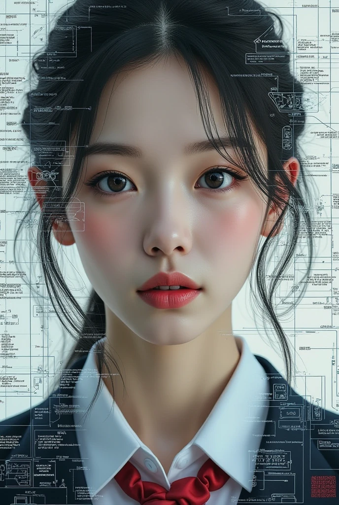 (最High image quality, detailed,masterpiece:1.2), RAW Photos, Realistic, 最High image quality, masterpiece, 超detailed, Very cute, 8kwallpaper, Realistic,Female Cyborgのエントリーのマインドマップ, Outputs and Processors, Multiple exposure of painting and person,  create a digital collage-style image where multiple elements overlap , especially, The parts that make up her, (masterpiece:1.2, Superior Quality,Milonish, Cinematic Experience, Realistic:2.0, RAW Photos:2.0, 非常にdetailed), 32K, wallpaper, Ultra-high resolution:1.5, Ultra High image quality:1.5, (Representing blueprints with holograms:2.0), (Beautiful woman:2.0), Female Cyborg, (Female Cyborgの設計図:2.0), (Draw the back view:2.0), (Avant-garde design:2.0), (detailedな設計図を描く:2.0), (Numerous setting notes:2.0), Portrait of a Japanese woman:1.21, School Uniform, Uniforms from prestigious metropolitan high schools:1.21, Short sleeve clothing, White short-sleeved sailor uniform:1.21, sera fuku:1.21, The upper body is wearing a uniform:1.21, navy skirt, Brown Hair,  chignon hair , Symmetrical eyes, 非常にdetailedな目, Beautiful hair blowing in the wind, reflection, masterpiece, 32k UHD resolution, High image quality,  professional photography,positive,Simple book cover, On one side is her true self,  Her digital persona is on the other side ,  the two are connected by an intertwined web of programming languages ,  It symbolizes the conflict between her true self and the influence of technology ,  The background is a mixture of calm and chaotic elements , It represents the contrasting emotions Ava experiences.,  The web of programming languages Lightly wrap the edges of the segmented image, Create a unified design ,