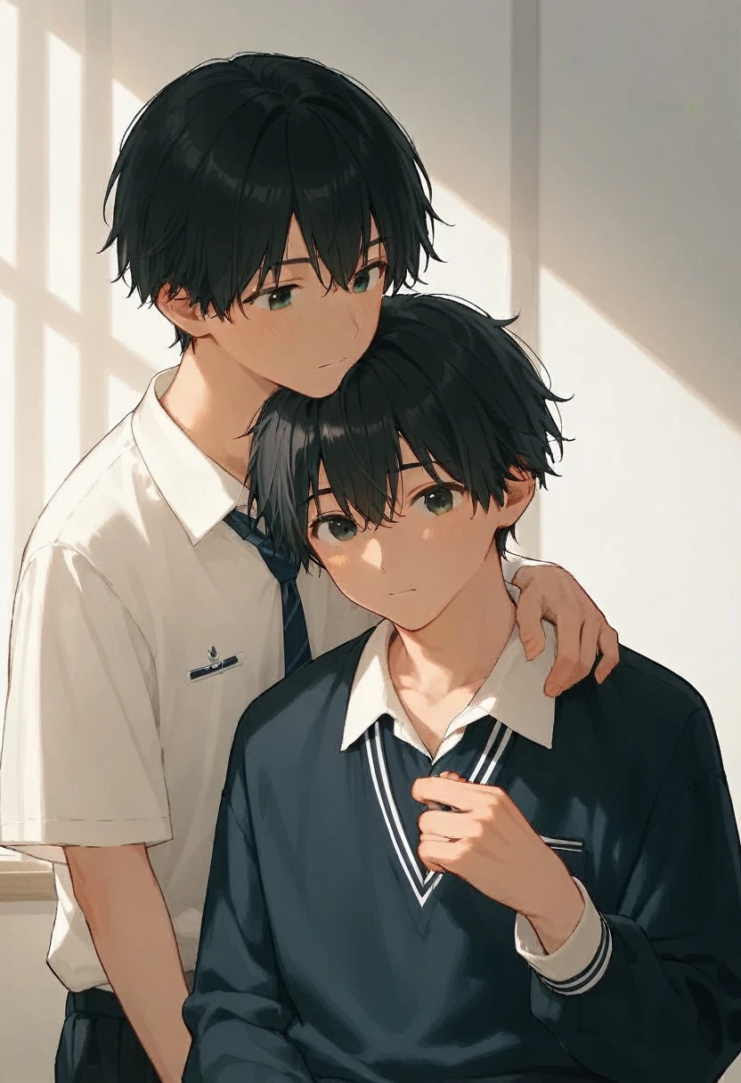  male、二人のmale、high school student、Student Uniform、slacks、Loose tie、whole body、Black Hair、Summer sunlight、study、二人のmaleがキスをする、Please take off your clothes、Long Bangs、Black Hair