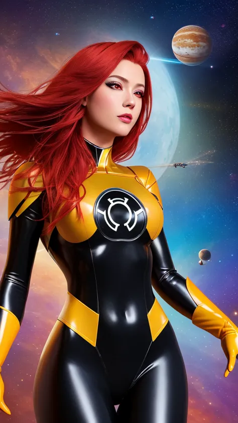 masterpiece, best quality, 1girl, redhead, red eyes, pink skin, yellow lantern costume, white gloves, planet space background, c...